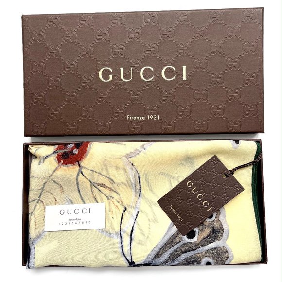 New Gucci Logo Kris Knight Butterfly Flora Yellow Silk Scarf with Gucci Gift Box